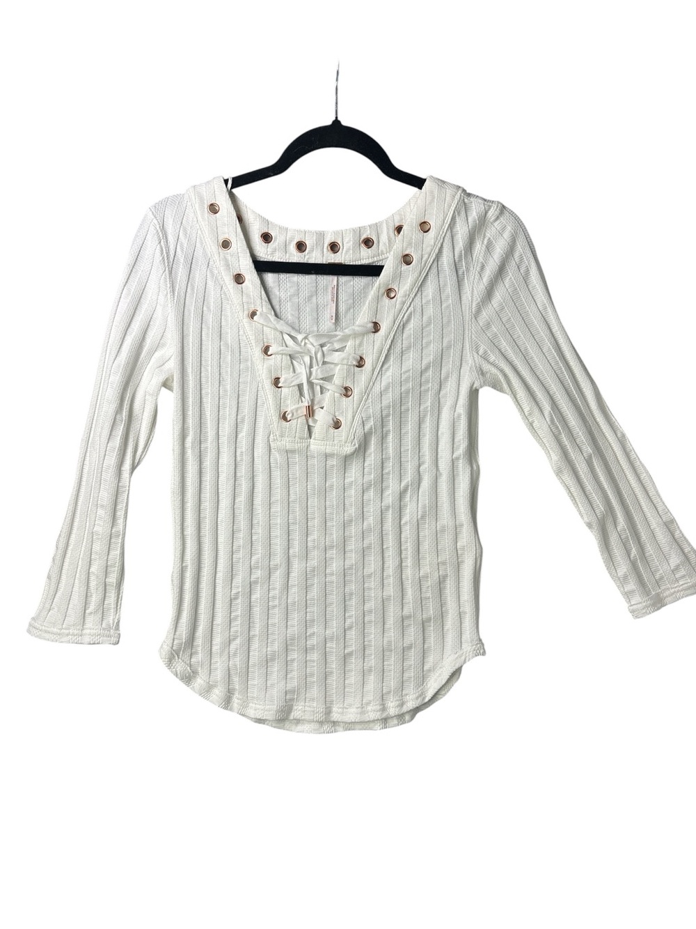 Free People Cream Ribbed Lace-Up V-Neck Tunic